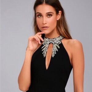 Black Beaded Halter Evening Dress